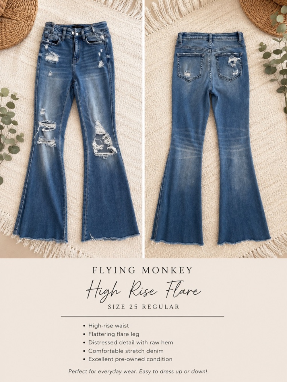 Flying Monkey High Rise Flare Jeans Size 25  Distressed Medium Wash